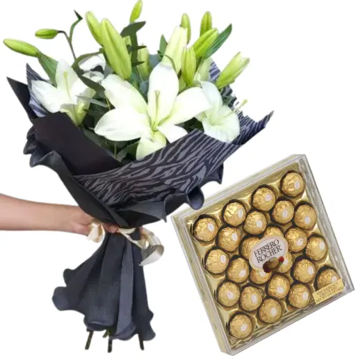 Ramo de flores liliums lirios blancos black con bombones rocher 